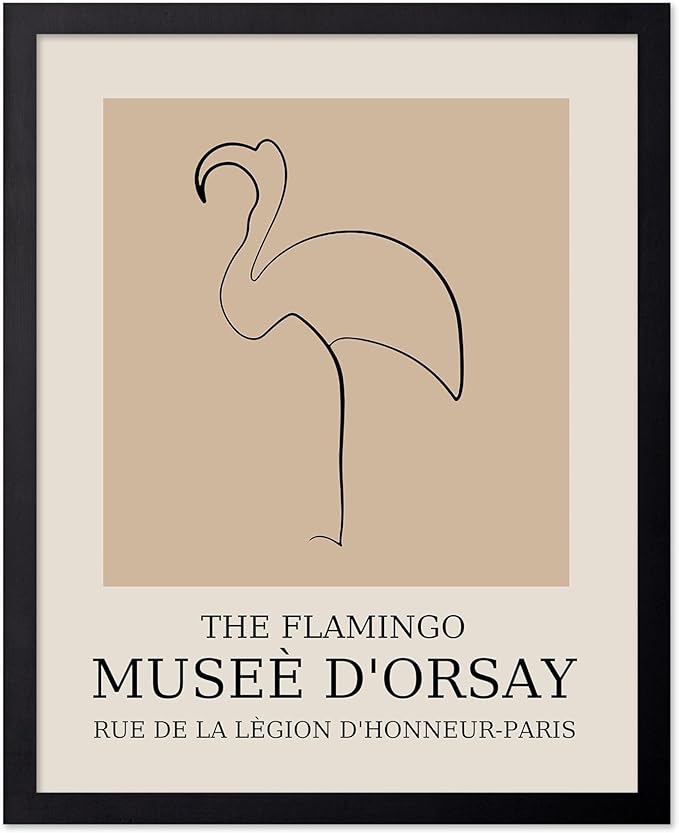 Poster Master Vintage Poster - Retro Minimalist Print - Gift for Artist, Housewarming - Flamingo, Line Drawing, Sketch, Abstract - Wall Decor for Living Room, Bedroom, 8x10 Black Framed