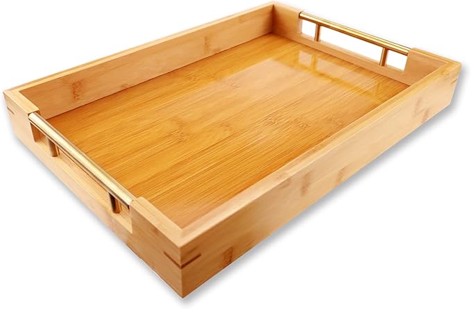 Bamboo Wood Serving Tray with Gold Polished Metal Handles, Decorative Tray Platter Coffee Table Tray Rectangular Wooden Breakfast Tray for Ottoman, Kitchen, Bedroom, Lap &Couch - 15x10.4 Inch