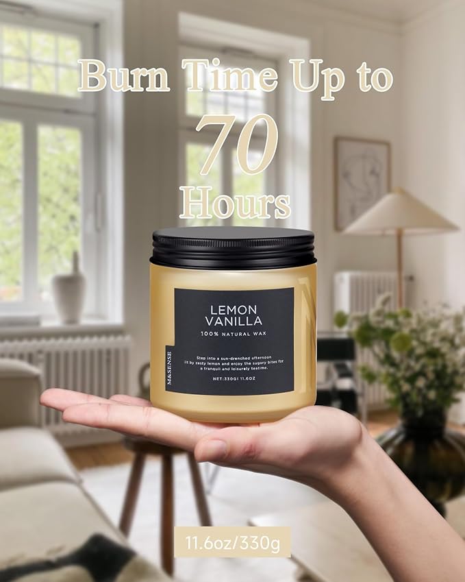 M&SENSE Candles Lemon Vanilla Scented, 11.6oz 70 Hour Long Lasting Candles for Home, 2 Wick Natural Soy Wax in Glass Jar, Stress Relief Gifts for Women and Men