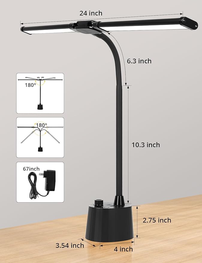 Desk Lamp with Dual Head & 10W Smart Dual USB Charging Port 5 Color Modes Dimmable Reading Light 2600 Lumens 12W Table Lamp for Bedside Office, Adapter Include