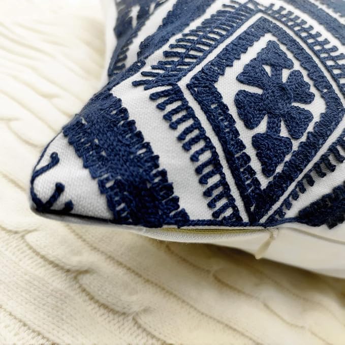 Alysheer Embroidered Decorative Throw Pillow Covers 18x18 inches Set of 2 Pieces, Boho Geometric Modern Chic Classic Pattern Cotton Cushion Cases for Sofa Couch Bed Living Room(Navy Blue)
