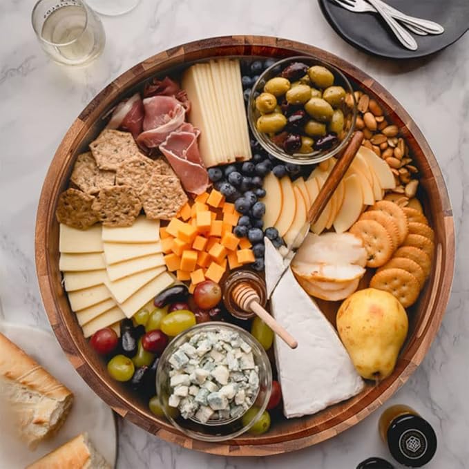Large Round Wood Serving Tray, Wooden Trays with Handles for Ottoman Table, Vintage Acacia Tray Circle Wood Tray for Indoor Outdoor Organization and Decoration, Including 4 Round Wooden Coasters