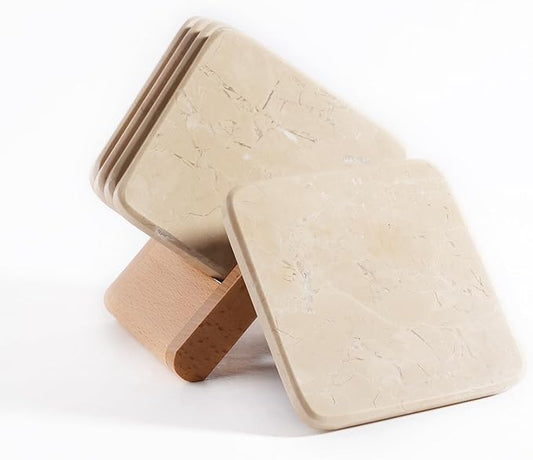 BCS Marble Coasters Set of 5 with Holder, Square Stone Drink Coasters for Coffee, Wine and Cocktails, Non-Slip Durable Cup Mats, Elegant Home, Bar & Kitchen Table Decor (Crema Beige)