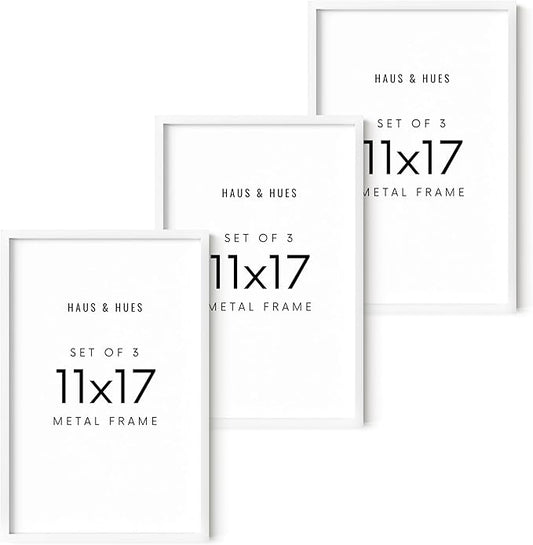 HAUS AND HUES 11x17 White Metal Picture Frames - Features Premium Aluminum, Vertical & Horizontal Hang, Shatterproof Plexiglass - Perfect for Home, Room, Office (11x17 in, White, Set of 3)