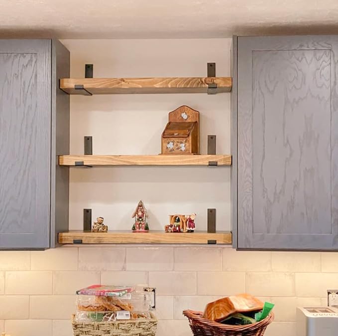 Rustic Shelves with J-Brackets Set of 2, Industrial Shelf, Kitchen Shelves, Solid Wood, Decorative Wall Storage, Heavy Duty, URBANDI (Brown, 48Wx8D)