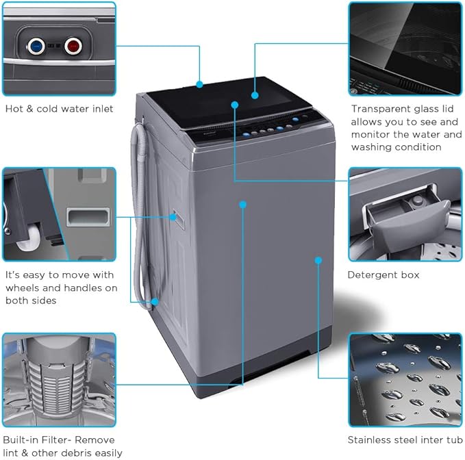 COMFEE’ 1.6 Cu.ft Portable Washing Machine, 11lbs Capacity Fully Automatic Compact Washer with Wheels, 6 Wash Programs Laundry Drain Pump, Ideal for Apartments, RV, Camping, Magnetic Gray
