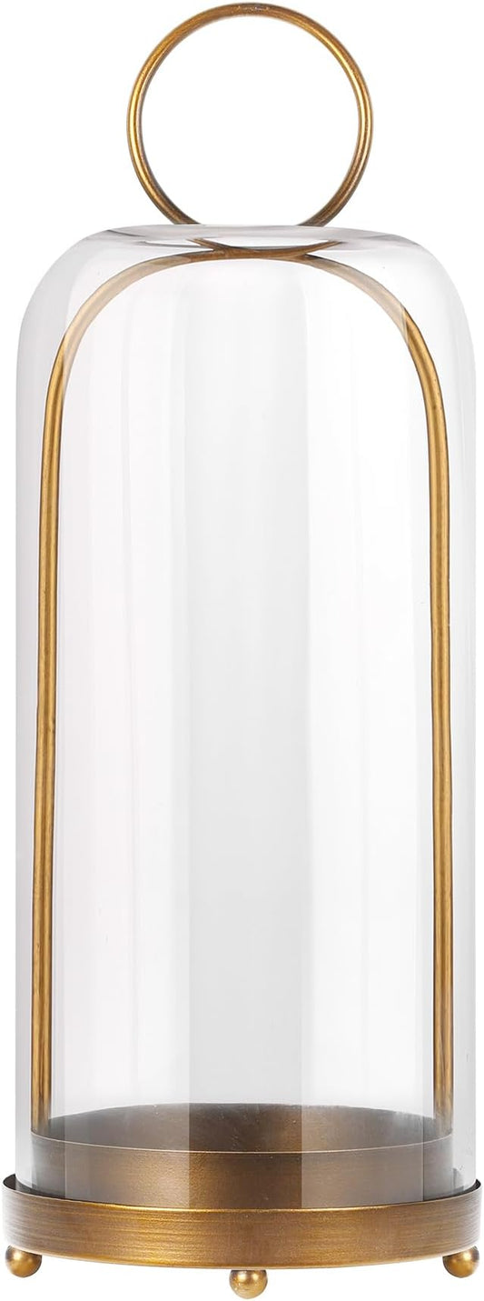 20" High Versatile Modern Metal Hurricane Lantern with Handmade Sturdy Glass Dome for Pillar Candle & Plants (Brass, 7.5"x20")