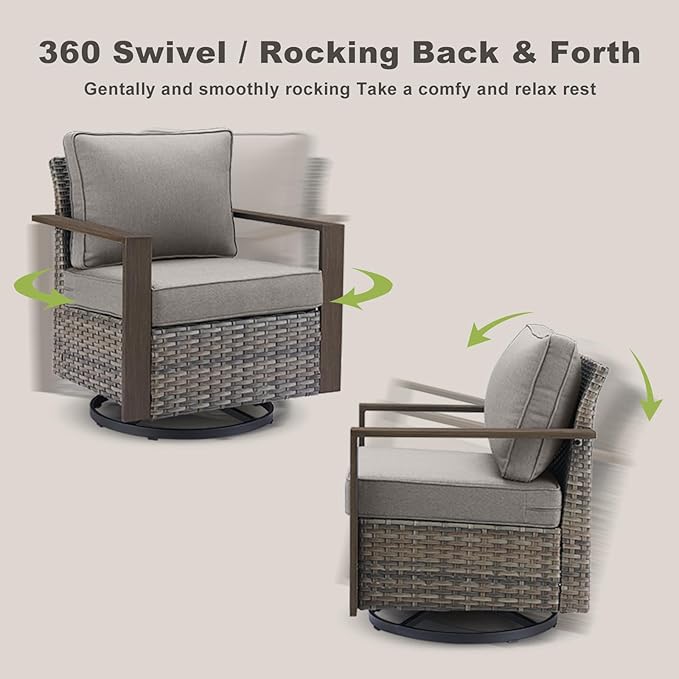 Outdoor Wicker Patio Furniture Set - 8 Piece Patio Conversation Set with 4 Wicker Swivel Rocker Chairs,2 Rattan Ottoman 1 Side Table and 1 Couch,Thick Cushions,Deep Seating(Mixed Grey/Grey)
