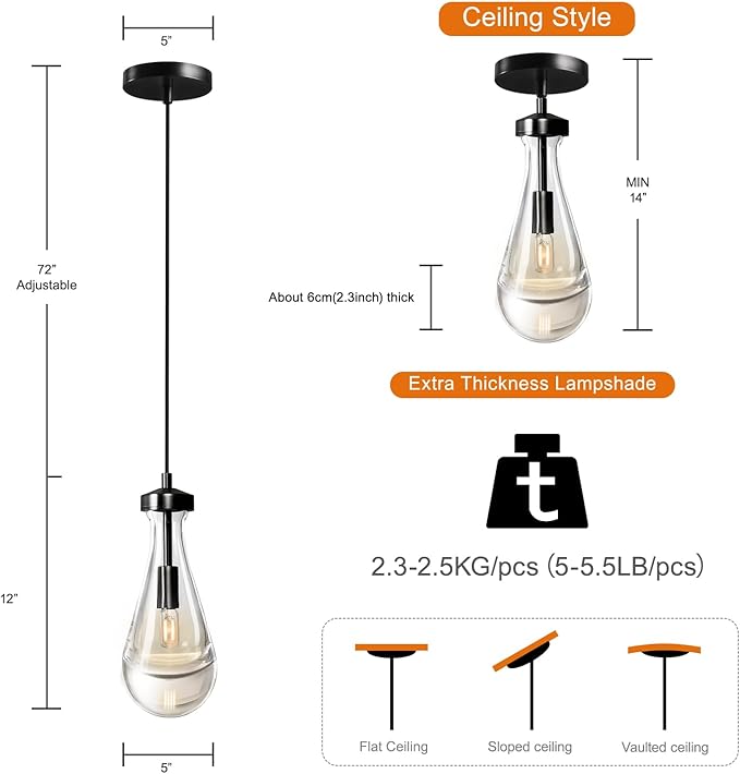 Modern Raindrop Pendant Lights Set of 3, Pendant Lights Kitchen Island 3 Pack, Matte Black Pendant Lights for Bedroom Bathroom, Chandelier for Living Room Hallway, Bulb Included