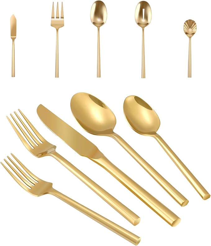 Silverware 65-Piece Gold Flatware Set with Serving Utensils Stainless Steel Thick Heavy Mirror Polished Cutlery Set for Wedding Hotel Restaurant, Service for 12