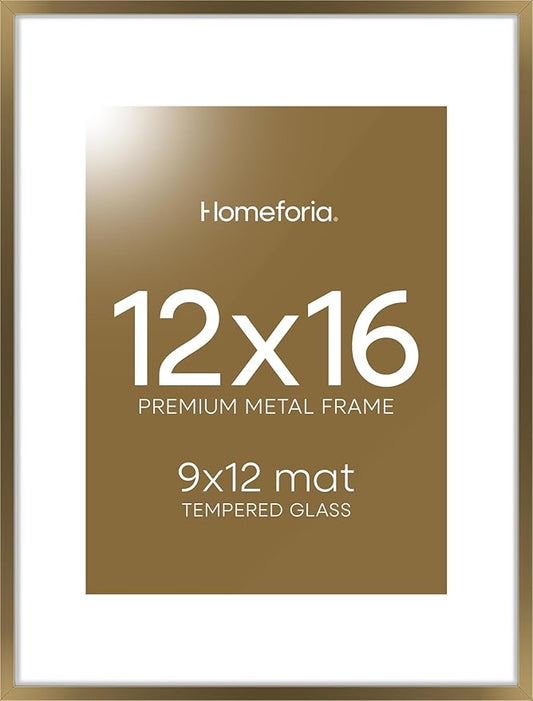 Homeforia 12x16 Picture Frame Bronze, High End Metal 12x16 Brass Poster Frames with Mat 9x12 Photo, 12 x 16 Bronze Frame Matted to 9 by 12 Print, 16by12 Thin Frames, Tempered Glass, Wall Kit, Set of 1