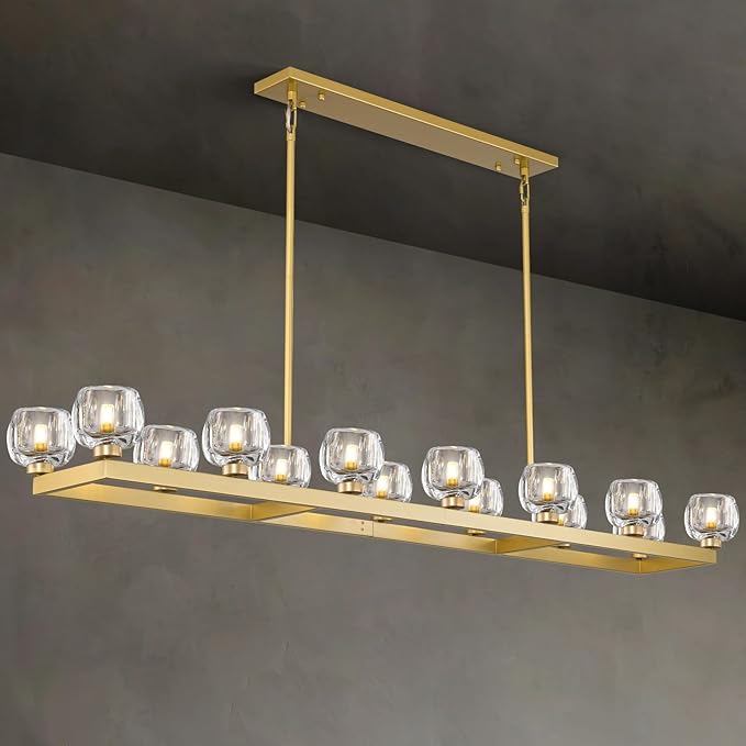 72 Inch Brass Rectangle Wagon Wheel Chandeliers, Gold Chandelier for Dining Room Over Table, Modern Crystal Long Chandelier for High Ceiling, Farmhouse Large Linear Chandeliers for Kitchen Island