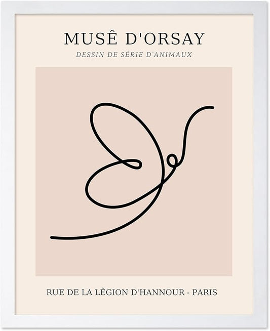 Poster Master Vintage Poster - Retro One Line Butterfly Drawing Print - Butterfly Line Art - Minimal Gift for Him, Her, Animal Lover - Abstract Decor for Home, Office, 8x10 White Framed