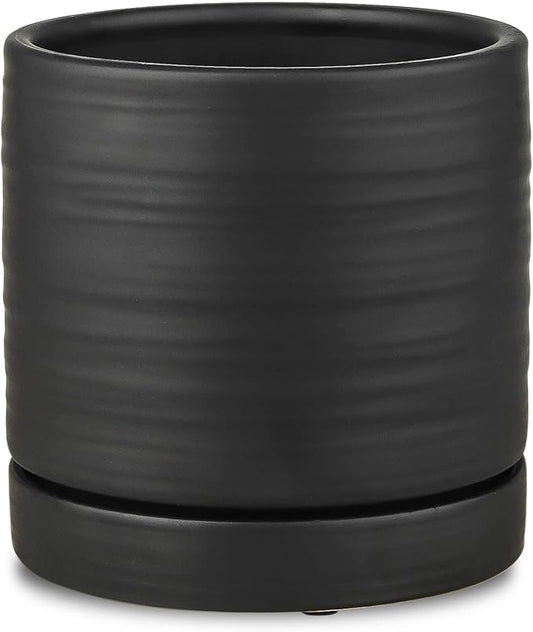 6 Inch Plant Pots, Ceramic Planter Pot with Drainage Hole & Saucer, Indoor/Outdoor Cylinder Round Planter Pot, Matte Black