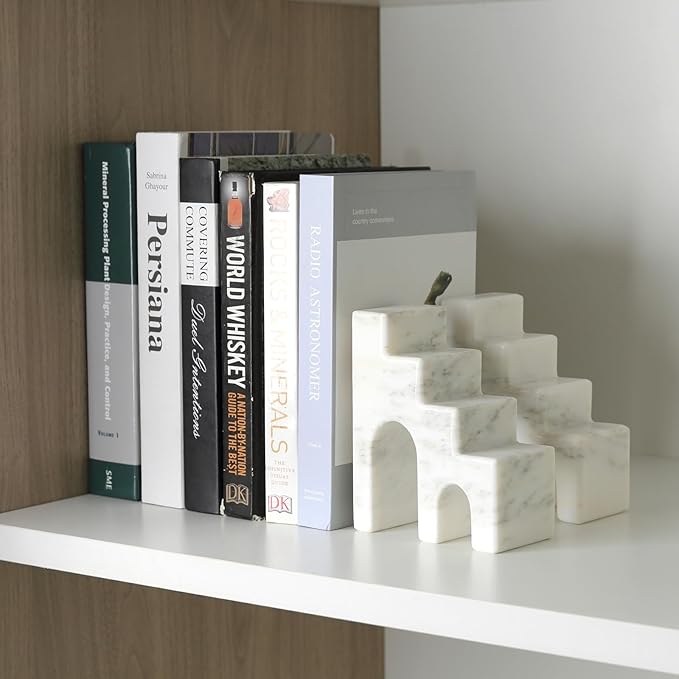Natural Marble Book Ends for Shelves, Decorative Bookends for Heavy Books, CastleGuard Bookend Book Holder Stopper for Home Office Desk Bookshelf Decoration, Set of 2 (Oriental Calacatta)