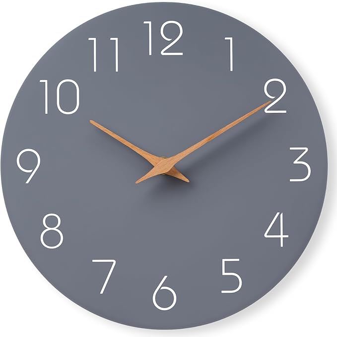 Mosewa Wall Clock 12 Inch Gray Silent Non Ticking Battery Operated Modern Simple Wooden Clock Decorative for Kitchen Home Bedroom Bathroom Office Living Room