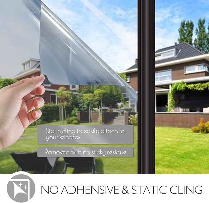 HIDBEA One Way Privacy Window Film, Daytime Mirror Reflective Heat Control UV Sun Blocking Non-Adhesive Static Cling Window Tint for Home and Office(Silver, 41.3 Inch x 6.5 Feet)