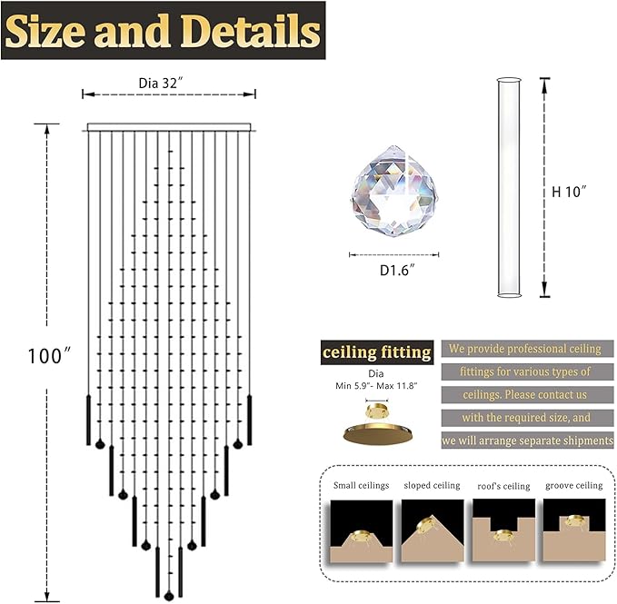 D32''X H100'' Modern Crystal Raindrop Gold Chandelier Lighting for Entrance, Stairs, Doorway, Crystal Ornament Chandelier Can be Used on Sloping Ceiling