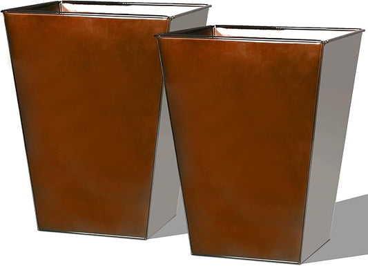 Worth Garden Large Metal Glazed Floor Planter Set of 2-14" Dia x 18" H - Luxurious Glossy Finish Red Tall Square Tapered Steel Plant Pots, Decor Flower Pot Indoor & Outdoor, Drainage Hole