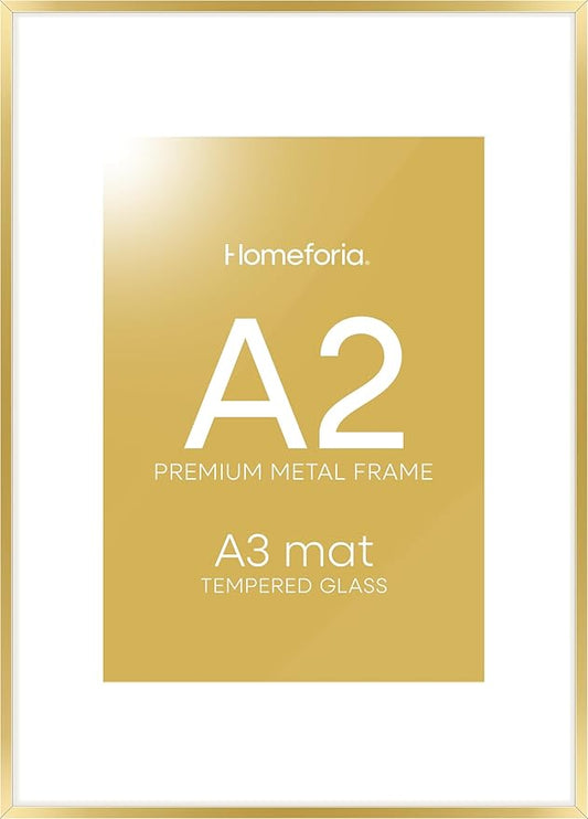 Homeforia A2 Picture Frame Gold, High End Metal 16.5 x 23.5 inches Poster Frames with Mat 11.7 x 16.5 for Photo, A2 Size Frames Matted to A3 Print, 16.5 by 23.4 Hanging Frame, Tempered Glass, Set of 1