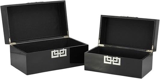 Galt International Storage Box Set Decorative Storage Box w/Hinged Lid Classic Design Wood Decor Boxes with Geometric Clasp Storage for Bedroom & Home - Set of 2 (Black & Silver)