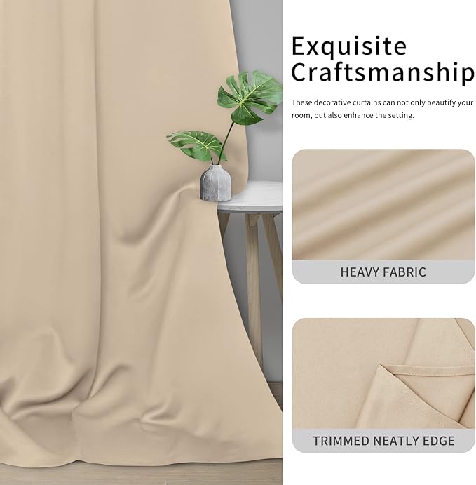 Easy-Going Blackout Curtains for Bedroom, Solid Thermal Insulated Grommet and Noise Reduction Window Drapes, Room Darkening Curtains for Living Room, 2 Panels (34x84 in, Beige)