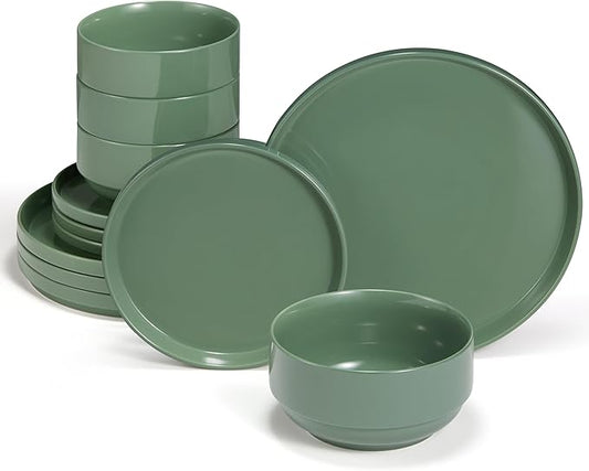 Ceramic Dinnerware Set, 12-Piece Service for 4, Round, Microwave and Dishwasher Safe, Cambridge Classics (Dusty Jade)