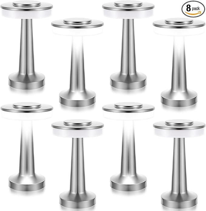 VIHOSE Set of 8 LED Portable Cordless Table Lamp with Touch Sensor 3 Color Stepless Dimming Rechargeable Battery up to 15 Hours Cordless Table Light Wireless Lamp for Nursery(Silver)