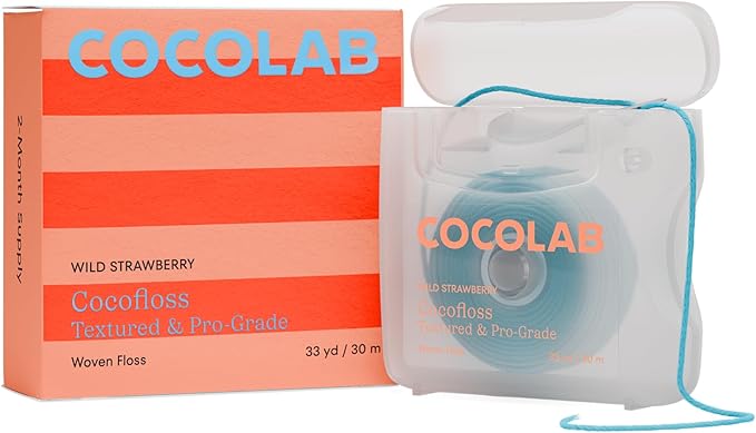Cocofloss Woven Dental Floss, Dentist-Designed Oral Care, Strawberry Scent, Waxed, Expanding, Kid-Friendly String Floss with Coconut Oil, 1 Spool (33 yd)