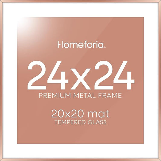 Homeforia 24x24 Picture Frame Rose Gold, High End Metal 24 x 24 Large Square Poster Frame with Mat 20 by 20 inch Photo, 24by24 Thin Frames Matted to 20x20 for Print, Tempered Glass, Wall Kit, Set of 1