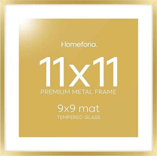 Homeforia 11x11 Picture Frame Gold, High End Metal 11 by 11 Square Frames with Mat 9 x 9 Photo, 11by11 Thin Poster Frame Matted to 9x9 inch Art, Wall Hanging Frames, Tempered Glass, Wall Kit, Set of 1