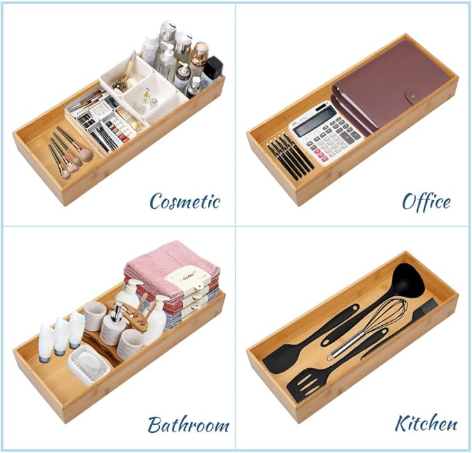 Bamboo Drawer Organizer - Kitchen Utensil Organizer Silverware Tray Cutlery Holder，Office Desk Supplies and Accessories (8.9x3x2.6 inch)