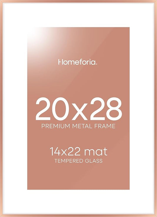 Homeforia 20x28 Frame Rose Gold, High End Metal 20x28 Poster Frames with Mat 14x22 inch Photo, 20 x 28 Rose Gold Picture Frame Matted to 14 by 22 Print, 28x20 Frame, Tempered Glass, Wall Kit, Set of 1