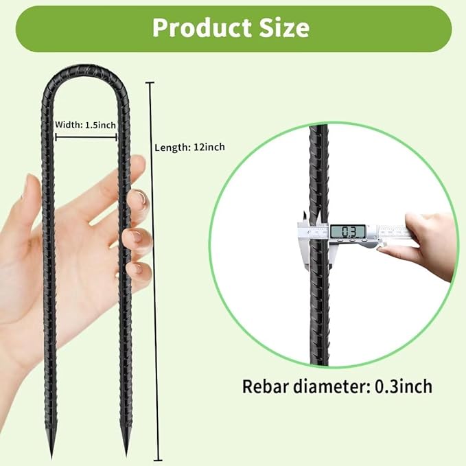 Rebar-Stakes-12-Inch, Ground Stakes Heavy Duty U-Hook Black Coated Anti-Rust Heavy Duty Ground Anchors for Garden Dog Fence Chicken Coop Christmas Decorations Deer Fence 12pcs