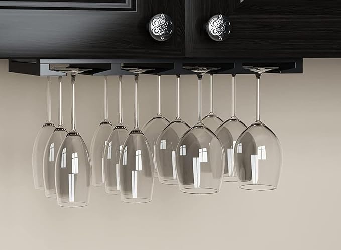 Rustic State Eze 4 Sectional Wood Under Cabinet Wine Glass Holder Wine Glass Rack Hanging Shelf Stemware Bar Organizer - 12 Wine Glass Storage - 10 Inch Deep - Black