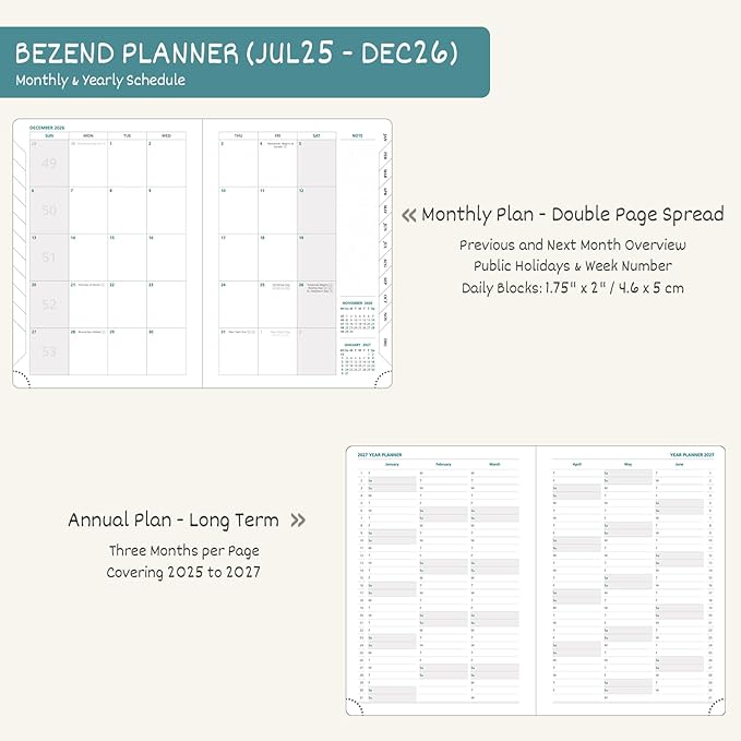 BEZEND Planner 2025-2026 Weekly and Monthly, 8.5" x 11" Academic Calendar (Jul 25-Dec 26) Vertical Daily Appointment with Hourly Timeslot & Monthly Tab, PU Leather Hardcover - Turquoise