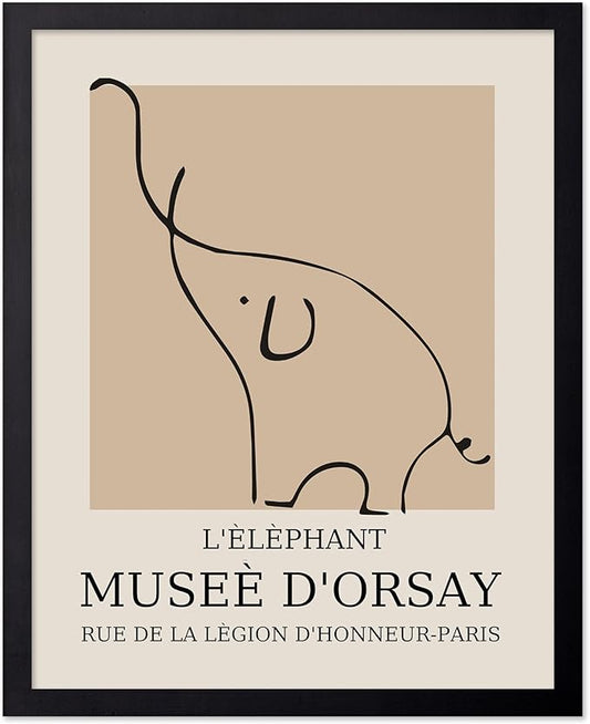 Poster Master Vintage Poster - Retro Minimalist Print - Gift for Artist, Housewarming - Elephant, Line Drawing, Sketch, Abstract - Wall Decor for Living Room, Bedroom, 8x10 Black Framed