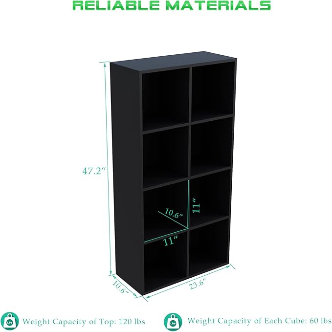 8-Cube Storage Shelf Bookcase - Wooden 4-Tier Floor Standing Open Bookshelf, Modern TV Stand up to 55 Inchs for Home and Office, Black