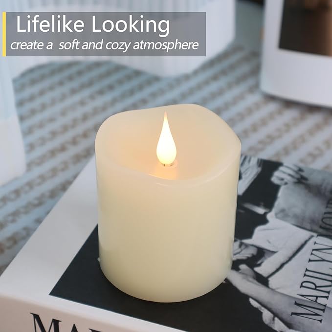 Flameless Candles Battery Operated with Timer, 3D Moving Flame Flickering, Last 600+ Hours Battery Candles, 3" x 4" Ivory Real Wax Electric LED Candle for Wedding Party Decorations