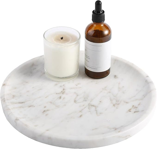 Natural Round Marble Tray - Luxury Decorative Serving Tray for Coffee Table, Bathroom Vanity, Dresser & Kitchen Countertop - Stone Organizer for Jewelry, Perfume, Candle, Home Decor(Volakas)