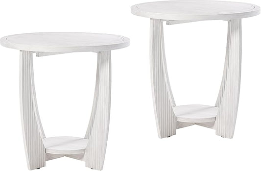 Rustic Farmhouse end Table X 2P with Storage Shelf, French Country Accent Side Table for Family, Dinning or Living Room, Small Spaces, Modern, Round, White