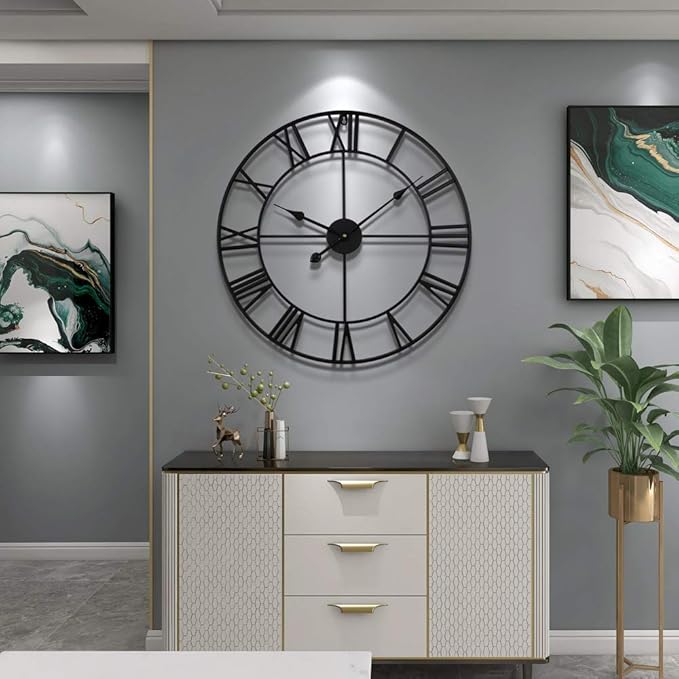 Large Modern Metal Wall Clocks Rustic Round Nearly Silent Little Ticking Battery Operated Roman Numerals Clock for Living Room/Bedroom/Kitchen Wall Decor-(Black, 47cm)