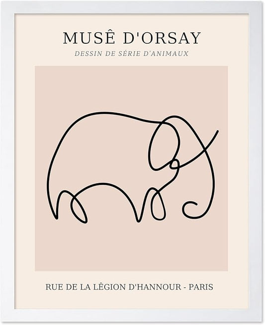 Poster Master Vintage Poster - Retro One Line Elephant Drawing Print - Elephant Art - Minimal Gift for Men, Women, Animal Lover - Abstract Wall Decor for Home, Office, 16x20 White Framed