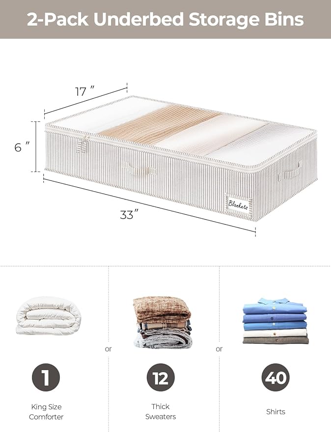 StorageWorks Large Under Bed Storage Containers with Handles and Label Holder, 2 Pack Ultra-thick Fabric Underbed Bins, Closet Organizer for Clothes, Blankets, Sweater