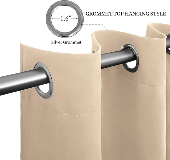 Easy-Going Blackout Curtains for Bedroom, Solid Thermal Insulated Grommet and Noise Reduction Window Drapes, Room Darkening Curtains for Living Room, 2 Panels (52x108 in,Beige)