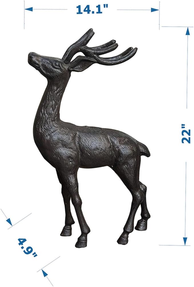 Cast Iron Deer Statue（22" Tall）, Realistic Large Antler Sculpture, Outdoor Garden Decor for Lawn Patio Yard, Indoor Home Art Figure HC5691