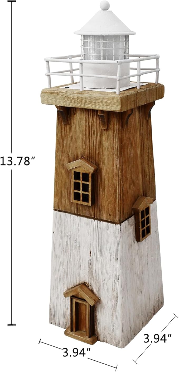 Linfevisi Wood Lighthouse Decor Rustic LED Light House Decor Wooden Decorative Nautical Lighthouse Statue Coastal Beach Themed Lighthouse Handcrafted Tabletop Decoration Home Bathroom (13.78")