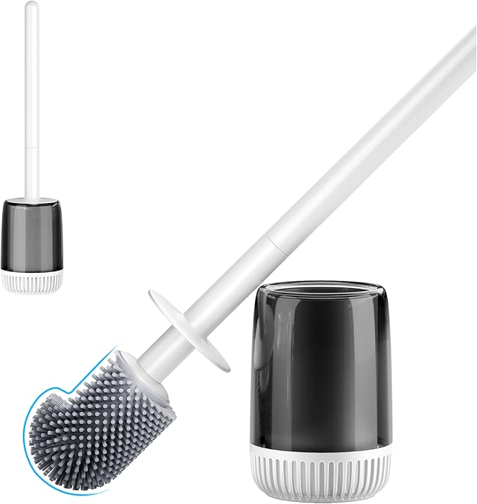 Silicone Toilet Brush and Holder Set with L-Shaped Brush Head, Wall Mounted Toilet Brush Set with Long Non-Slip Handles, Compact Toilet Bowl Cleaner Brush Suitable for RV Trailers & Bathroom (1 Pack)