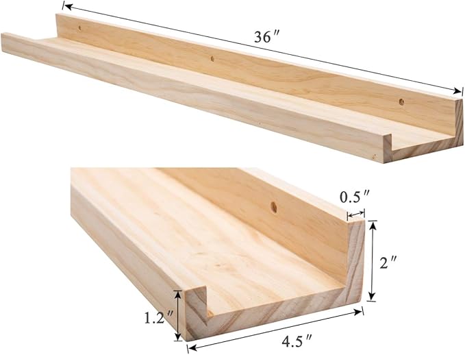 AZSKY 2pc 36in Natural Wood Floating Shelves, Country Rustic Style Wall Shelves for Kids Books, Photo Picture Ledge, Nursery Decor