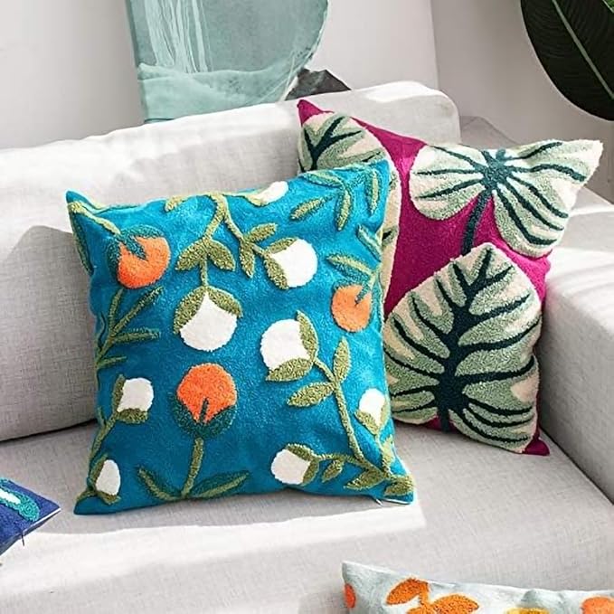 MOCOFO Canvas Embroidered Pillow Case Spring Embroidery Craft Modern Simple Sofa Office Pillow Pillow Case (Monstera, 18x18’’)